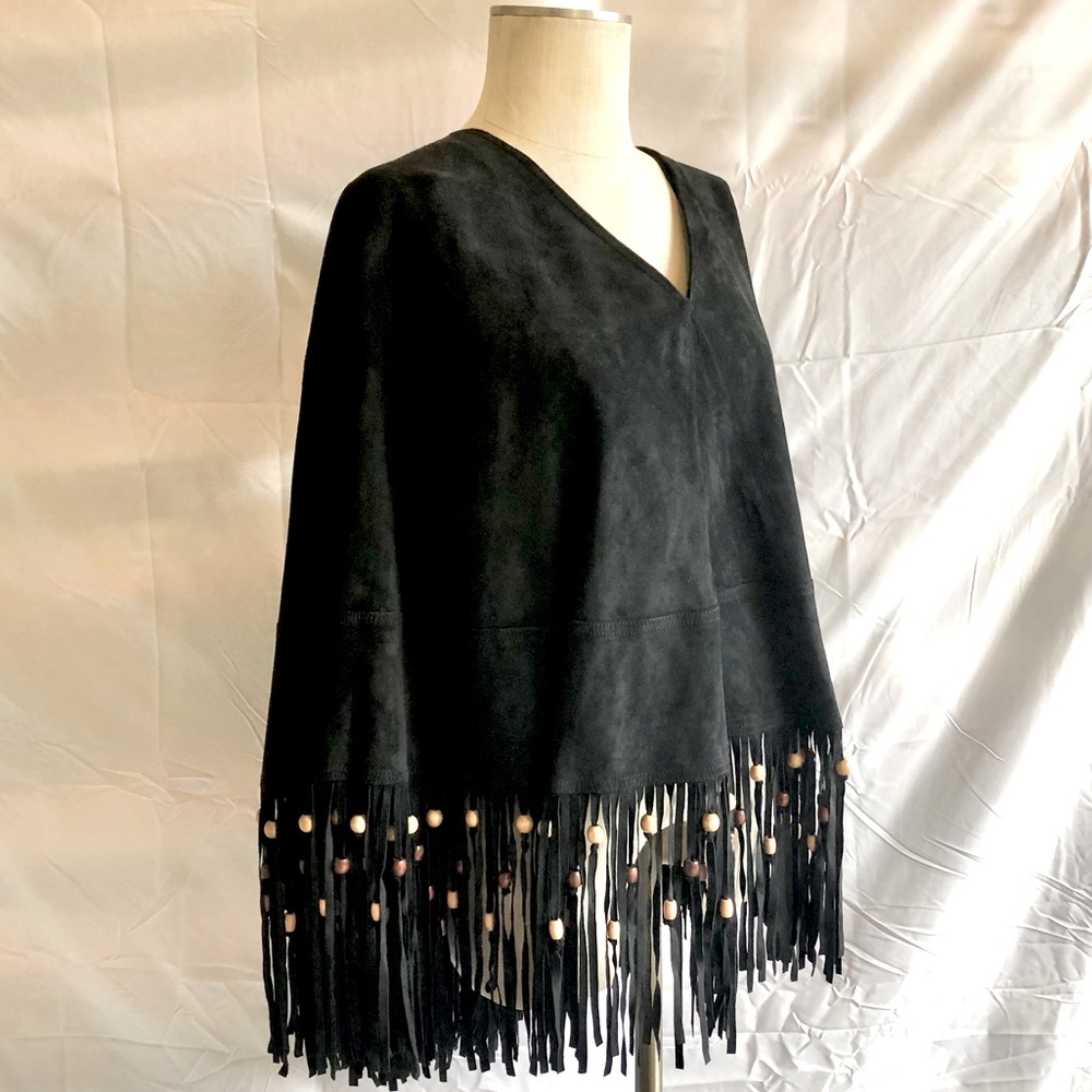 Vintage Black Suede Fringe Poncho / Cape